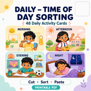 Daily Time of Day Sorting – Cut, Sort & Paste Printable Worksheet